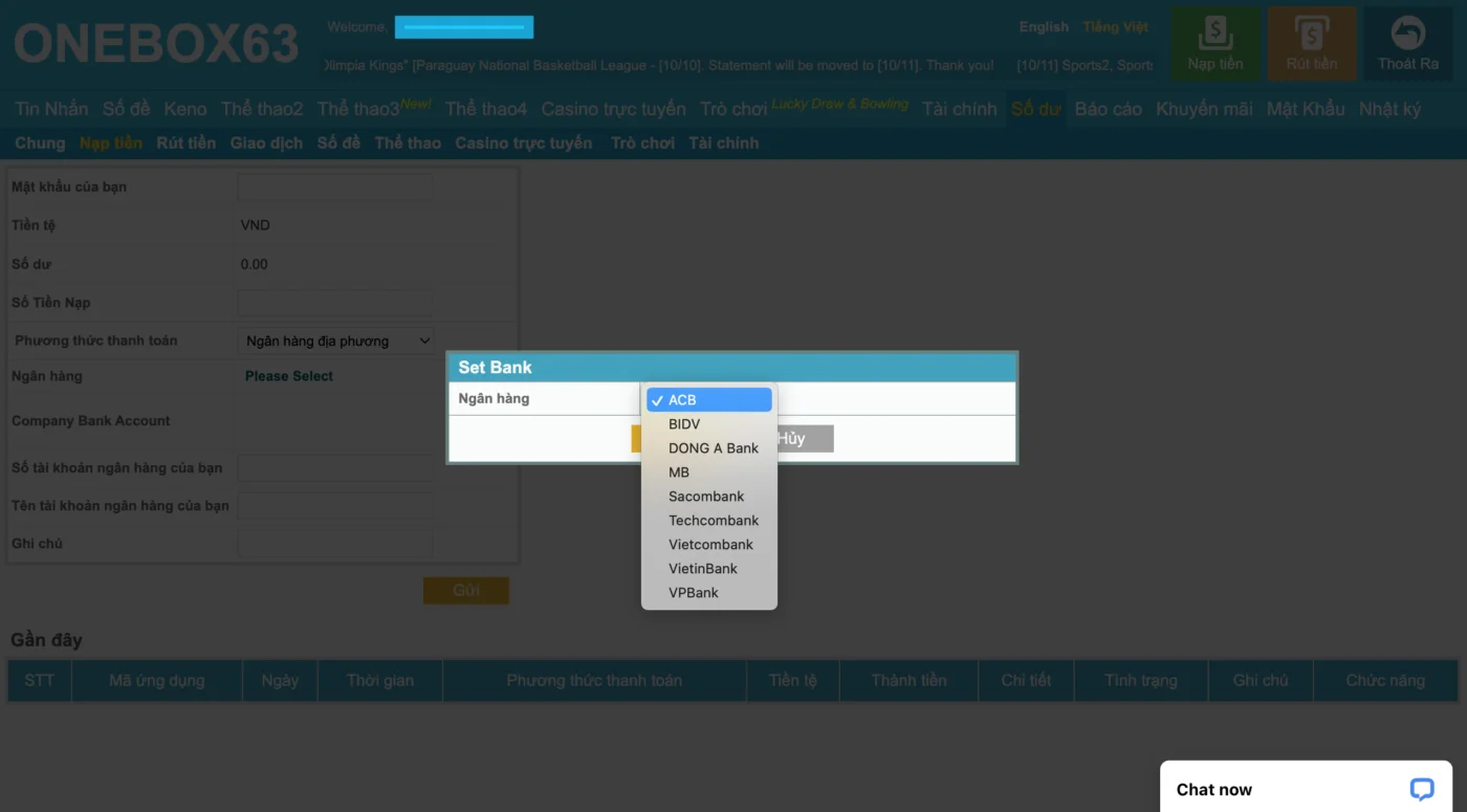 Đăng nhập Onebox63 và chọn ngân hàng mà bạn sở hữu Đăng nhập Onebox63 và chọn ngân hàng mà bạn sở hữu